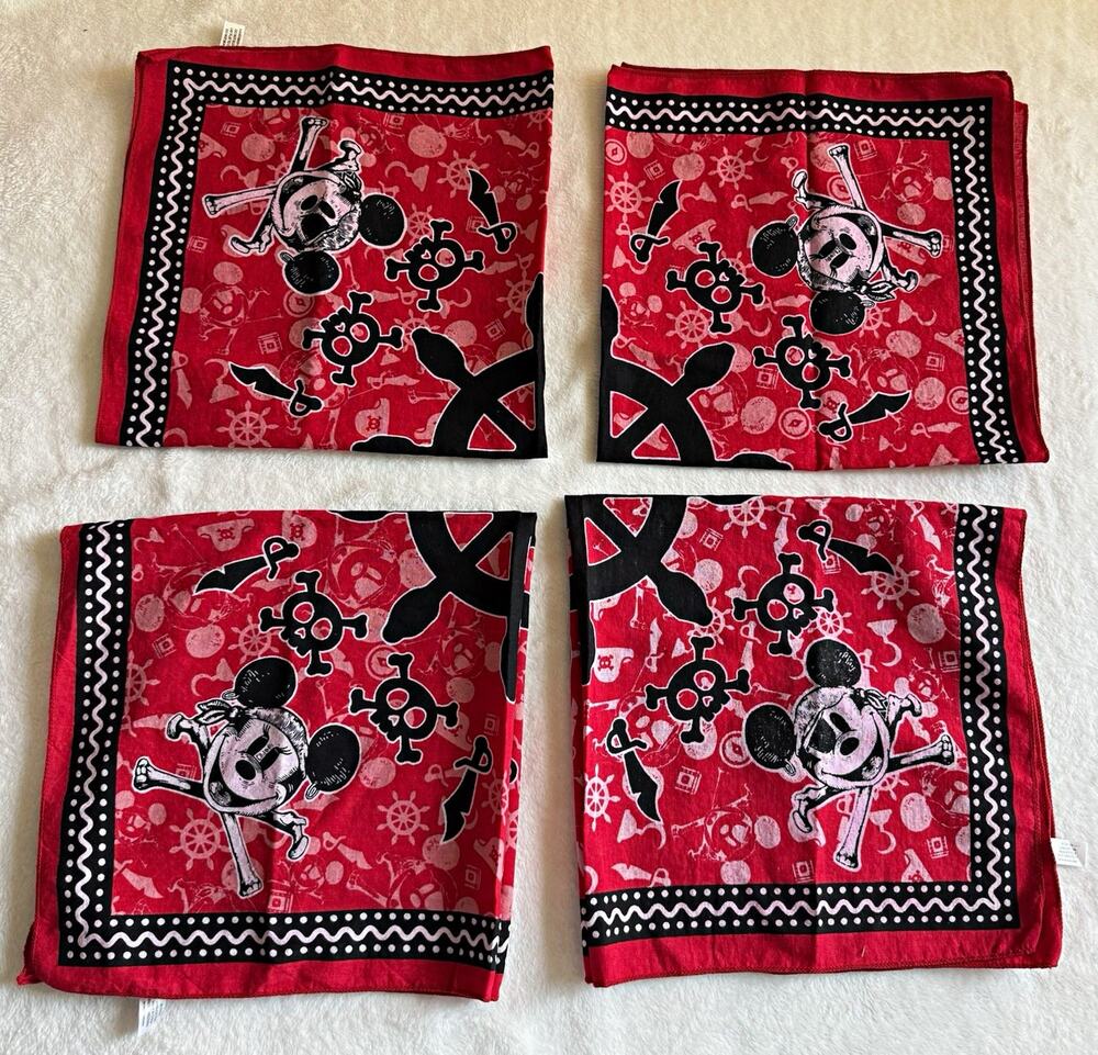 Lot of 4 Disney 100% Cotton Pirate Mickey Bandana Fabric Square Red Black White
